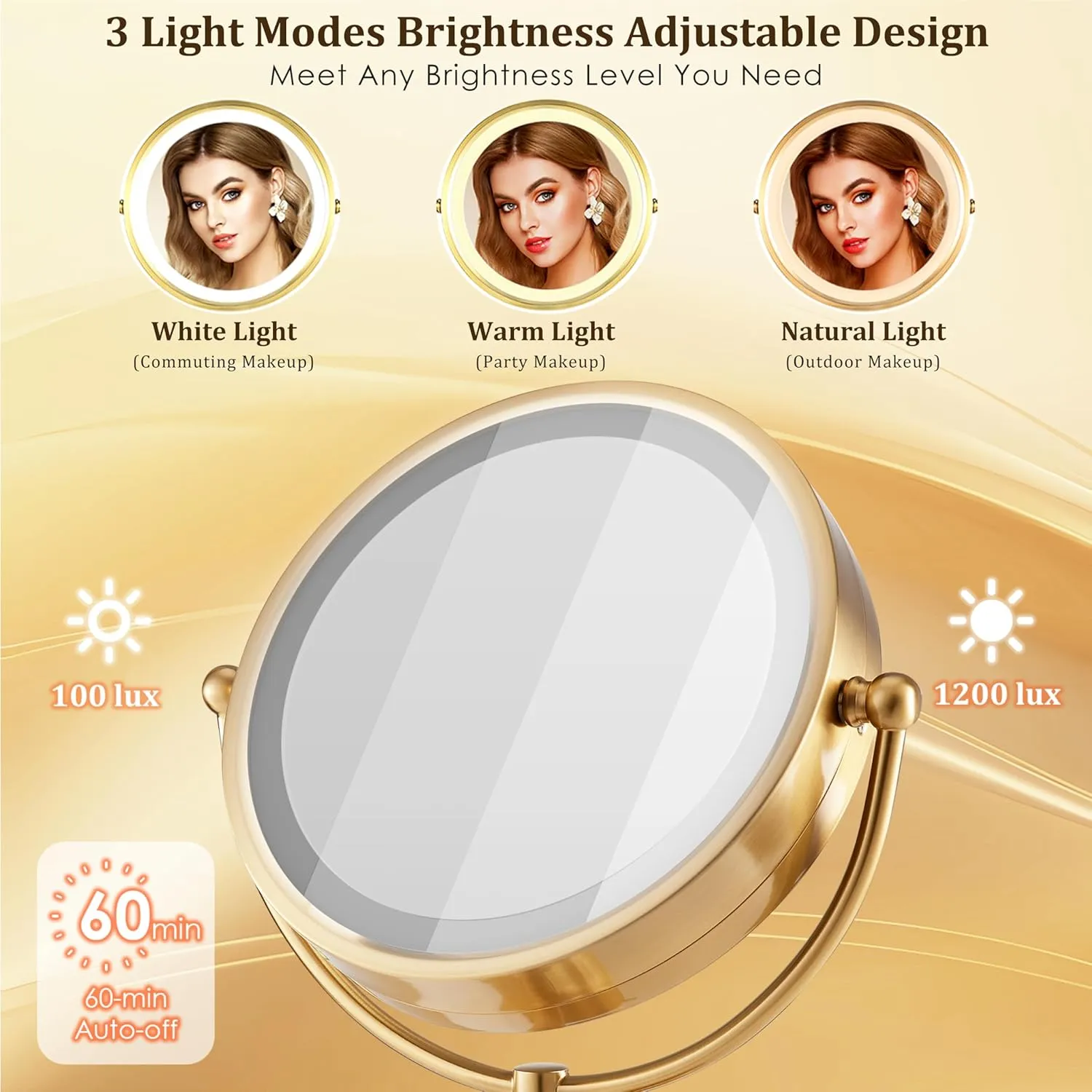 VESAUR 8.5'' Large Gold Lighted Makeup Mirror, 1X/10X Clear Seamless Magnifying Mirror, Bright Vanity Mirror with 3 Colors Dimmable Lights, Two-Sided 360°Rotation Stable Base, Luxury Nickel, Gift Box