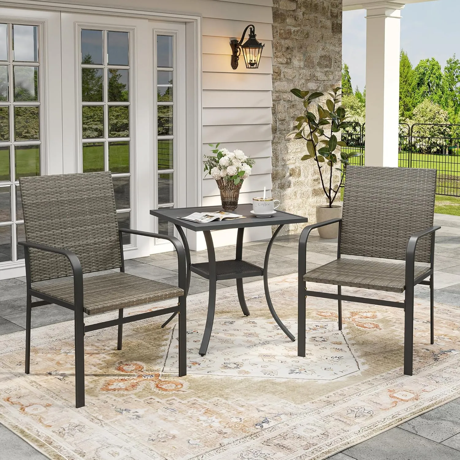 VICLLAX Patio Dining Chairs Set of 2, Outdoor Wicker Chairs with All-Weather Metal Frame Lightweight Chairs Fit for Front Porch Deck Yard, Grey Rattan