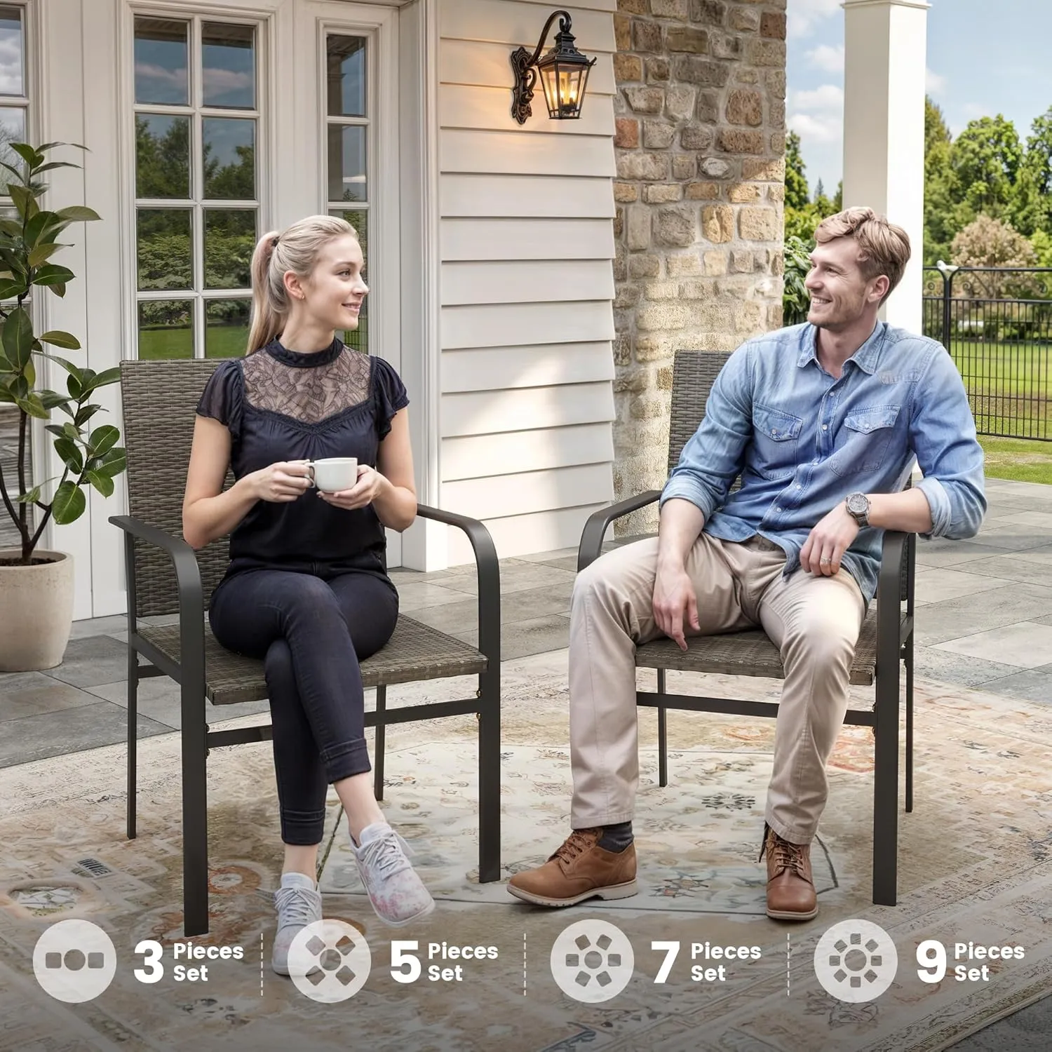 VICLLAX Patio Dining Chairs Set of 2, Outdoor Wicker Chairs with All-Weather Metal Frame Lightweight Chairs Fit for Front Porch Deck Yard, Grey Rattan