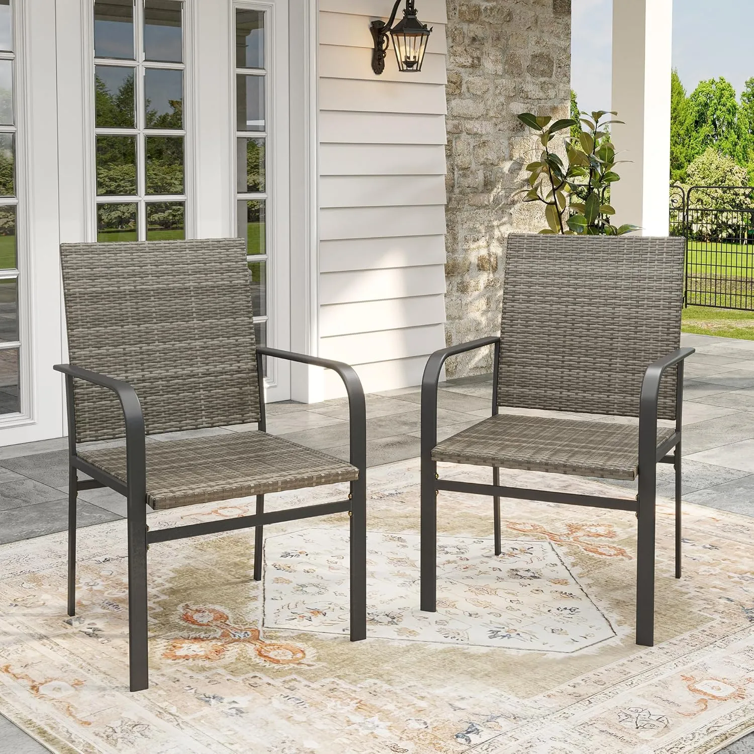 VICLLAX Patio Dining Chairs Set of 2, Outdoor Wicker Chairs with All-Weather Metal Frame Lightweight Chairs Fit for Front Porch Deck Yard, Grey Rattan