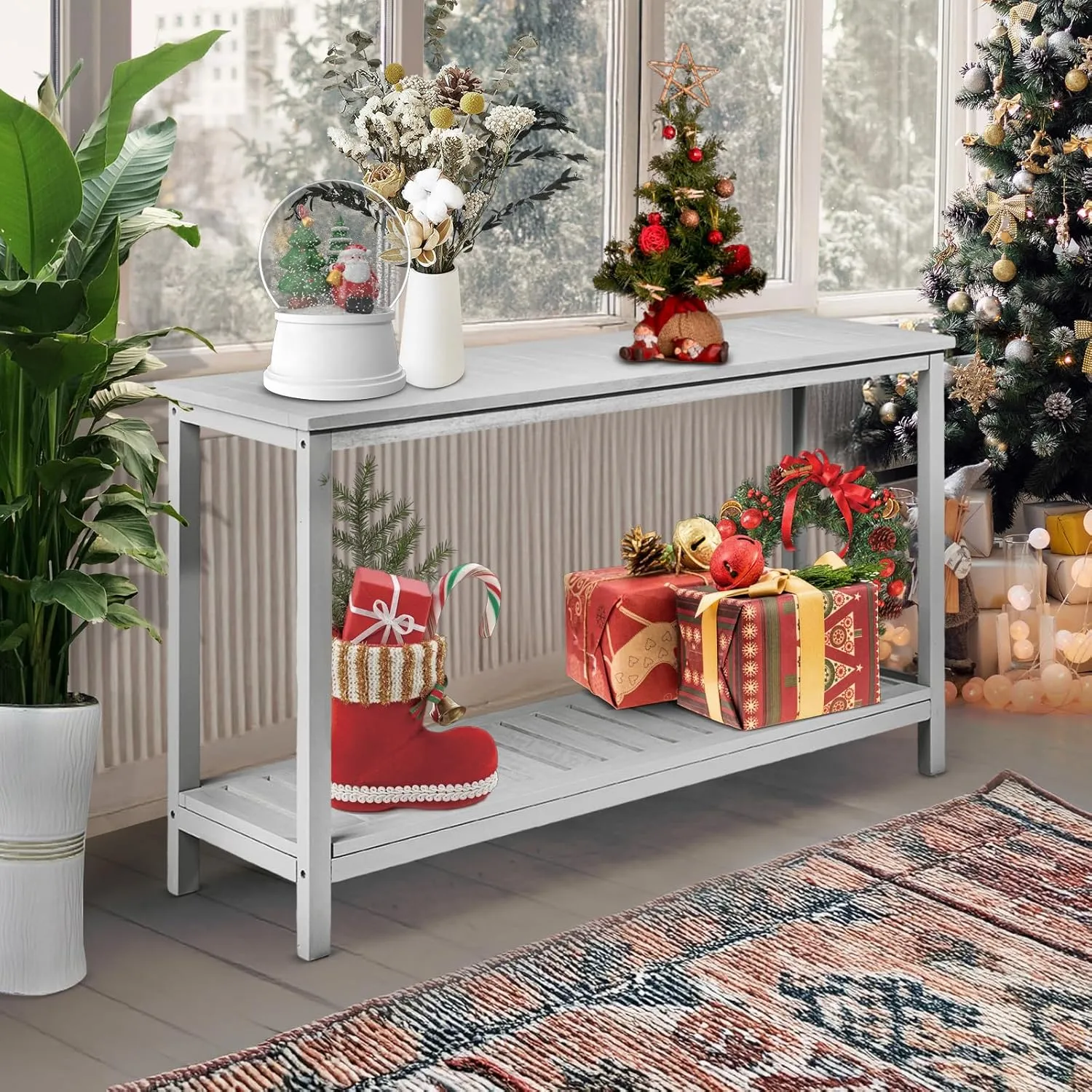 VINGLI 49in Solid Wood Outdoor Console Table, 2-Shelf Wooden Outdoor Accent Plant Table Multifunctional Buffet Bar Storage Organizer for Indoor Patio Porch and Entryway (Gray)