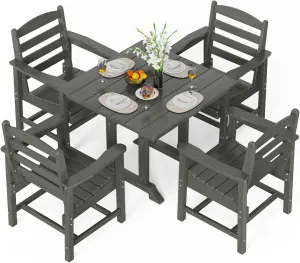 VINGLI 5-Piece Outdoor Patio Dining Set, Outdoor Table and Chairs Set w/Umbrella Hole, HDPE Weather-Resistant Square Table w/ 4 Ergonomic Patio Chairs for Garden, Backyard, Poolside(Grey, Square)