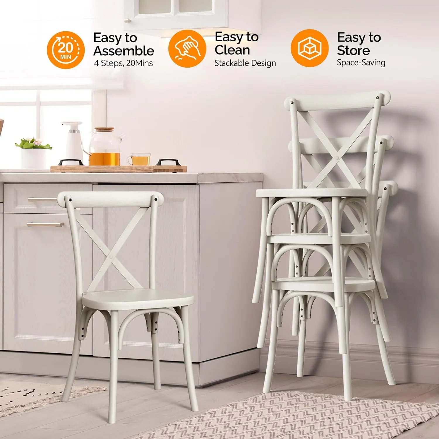 VINGLI Plastic Outdoor Dining Chairs Set of 6, Stackable Patio Cream White Dining Chairs with X Back, Waterproof Kitchen & Dining Room Chairs for Indoor-Outdoor, Capacity 400 lbs
