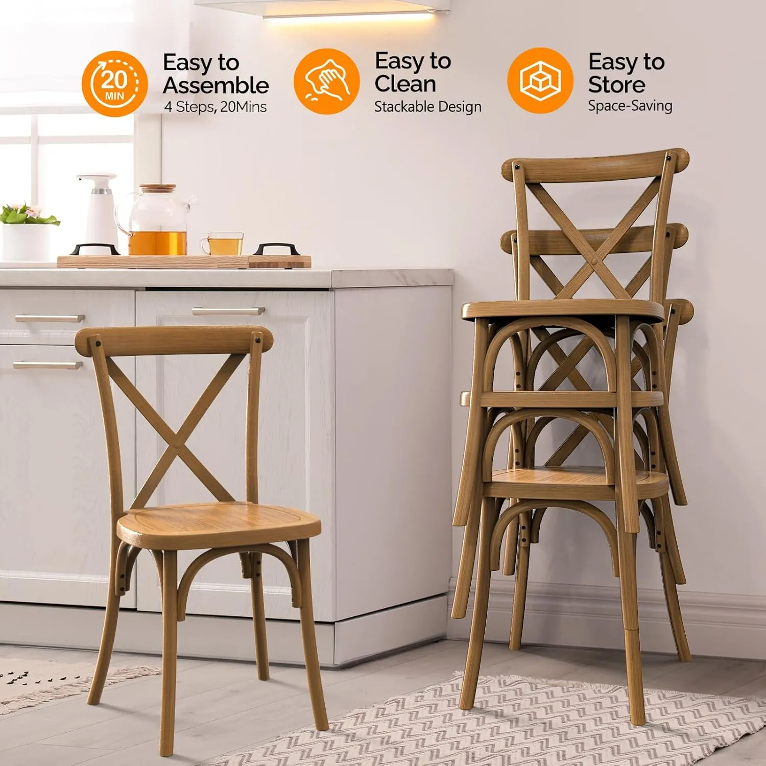 VINGLI Plastic Outdoor Dining Chairs Set of 6, Stackable Patio Farmhouse Brown Dining Chairs with X Back, Waterproof Kitchen & Dining Room Chairs for Indoor-Outdoor, Capacity 400 lbs