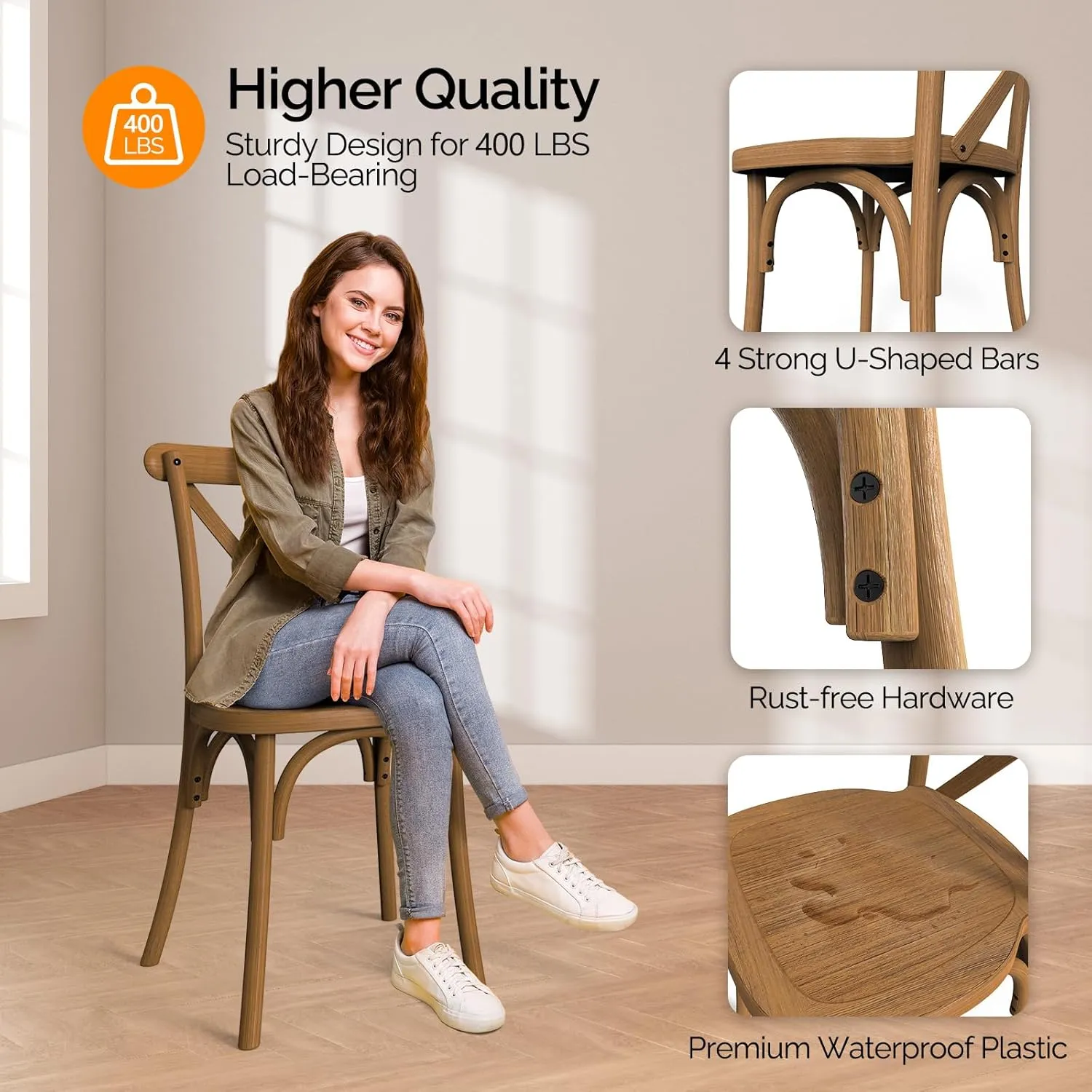 VINGLI Plastic Outdoor Dining Chairs Set of 6, Stackable Patio Farmhouse Brown Dining Chairs with X Back, Waterproof Kitchen & Dining Room Chairs for Indoor-Outdoor, Capacity 400 lbs