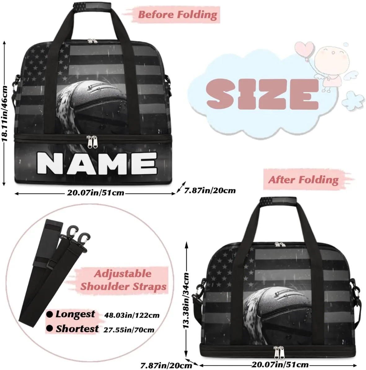 Vintage Basketball Custom Foldable Duffle Bag with Shoes Compartment Personalized Large Capacity Waterproof Travel Weekender Bag Overnight Bag for Sports Gym