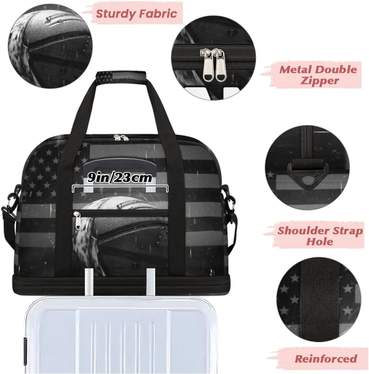 Vintage Basketball Custom Foldable Duffle Bag with Shoes Compartment Personalized Large Capacity Waterproof Travel Weekender Bag Overnight Bag for Sports Gym