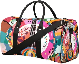 Vintage Guitar Print Travel Duffel Bag for Women Men Waterproof Foldable Overnight Weekender Bag Large Capacity Sports Gym Bag