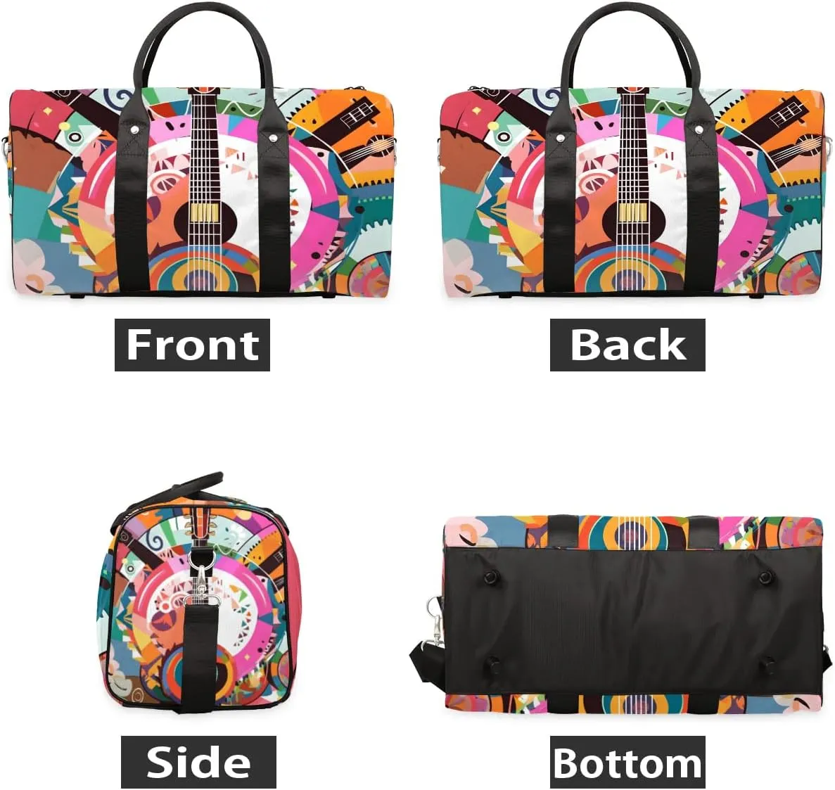 Vintage Guitar Print Travel Duffel Bag for Women Men Waterproof Foldable Overnight Weekender Bag Large Capacity Sports Gym Bag