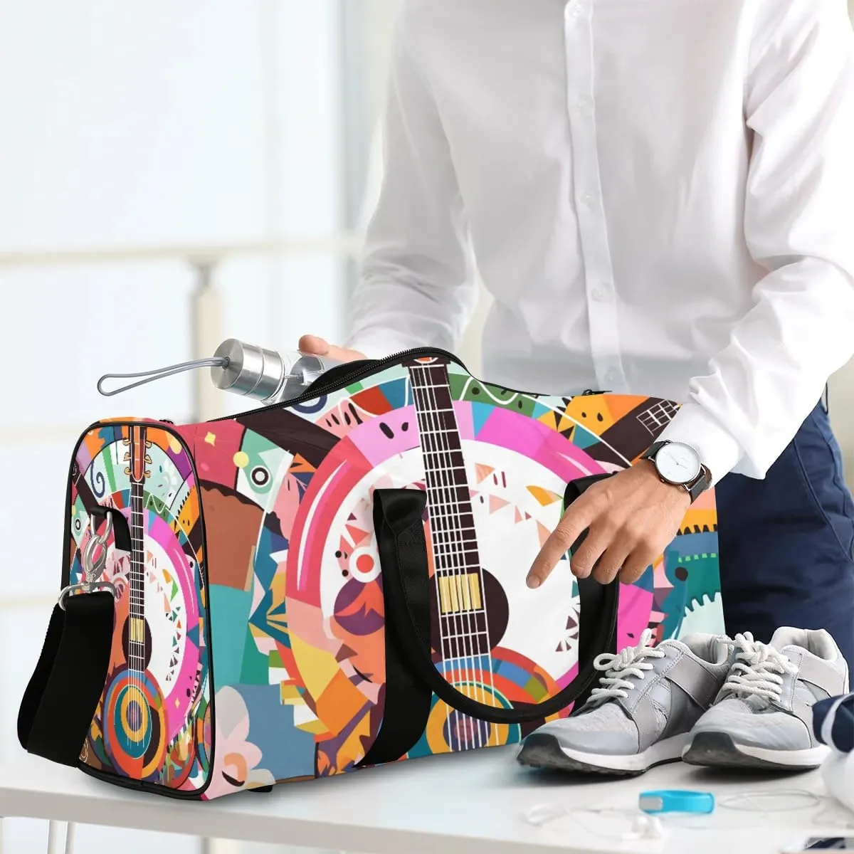 Vintage Guitar Print Travel Duffel Bag for Women Men Waterproof Foldable Overnight Weekender Bag Large Capacity Sports Gym Bag