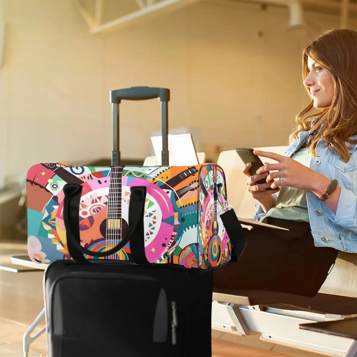 Vintage Guitar Print Travel Duffel Bag for Women Men Waterproof Foldable Overnight Weekender Bag Large Capacity Sports Gym Bag