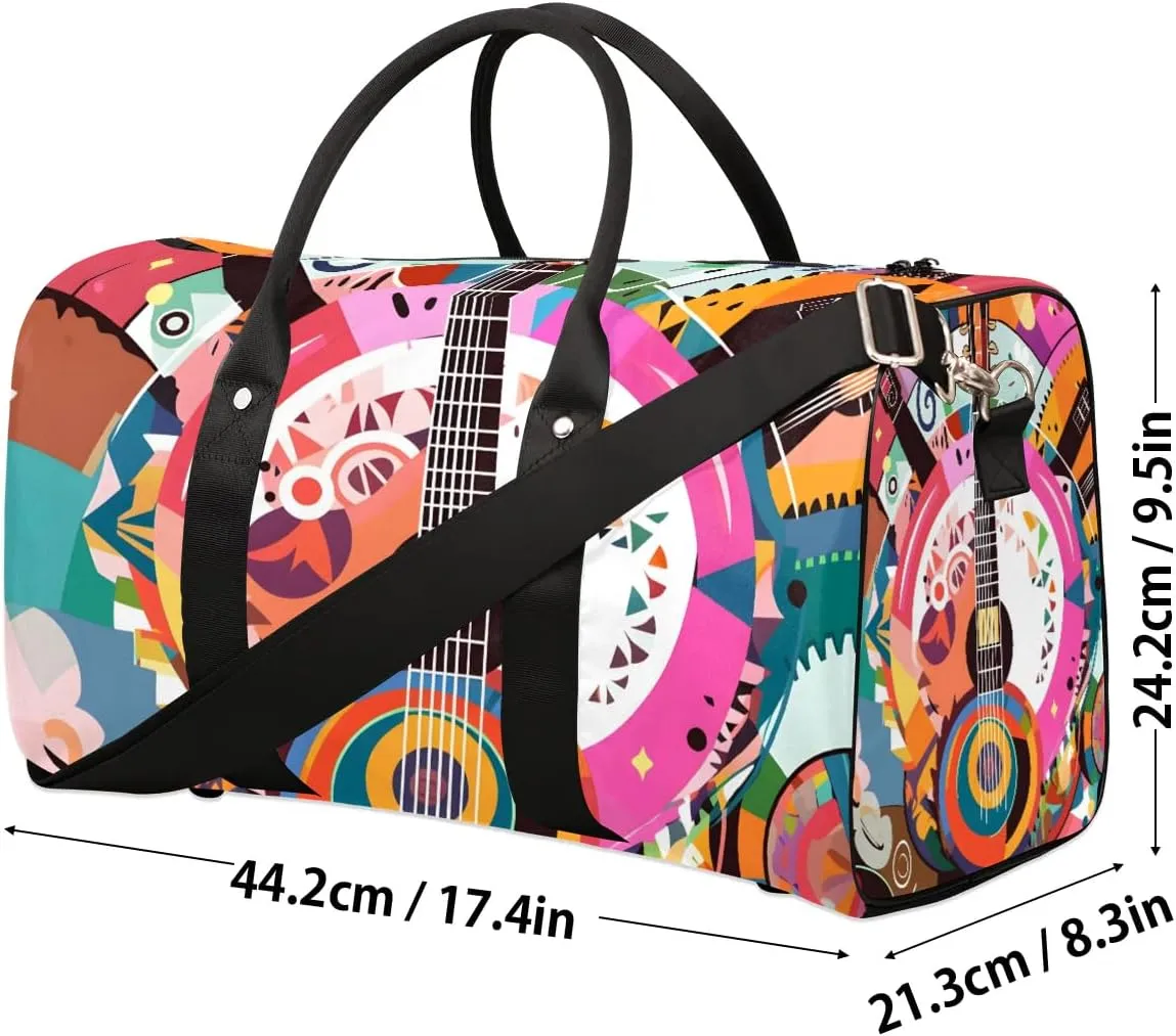 Vintage Guitar Print Travel Duffel Bag for Women Men Waterproof Foldable Overnight Weekender Bag Large Capacity Sports Gym Bag