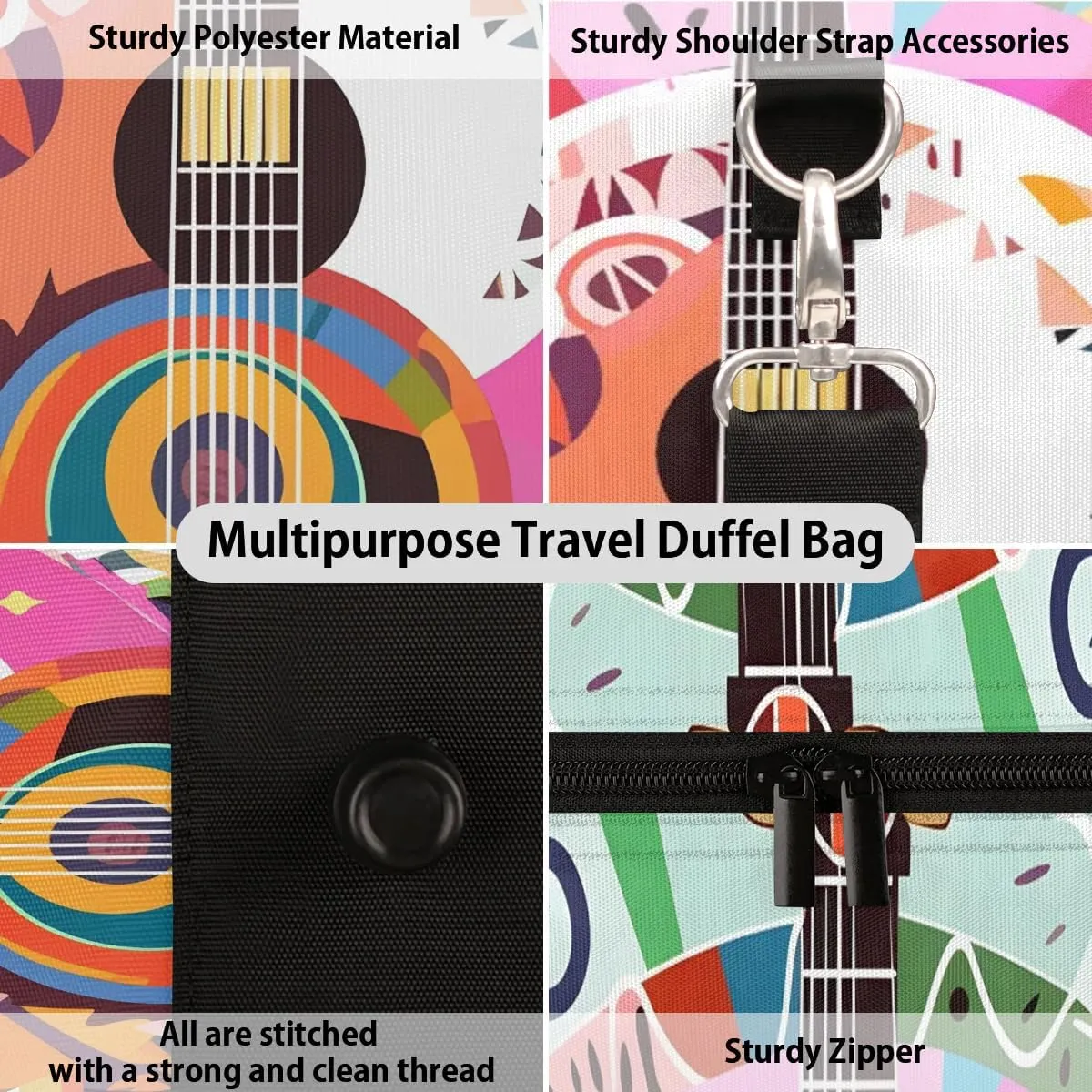 Vintage Guitar Print Travel Duffel Bag for Women Men Waterproof Foldable Overnight Weekender Bag Large Capacity Sports Gym Bag