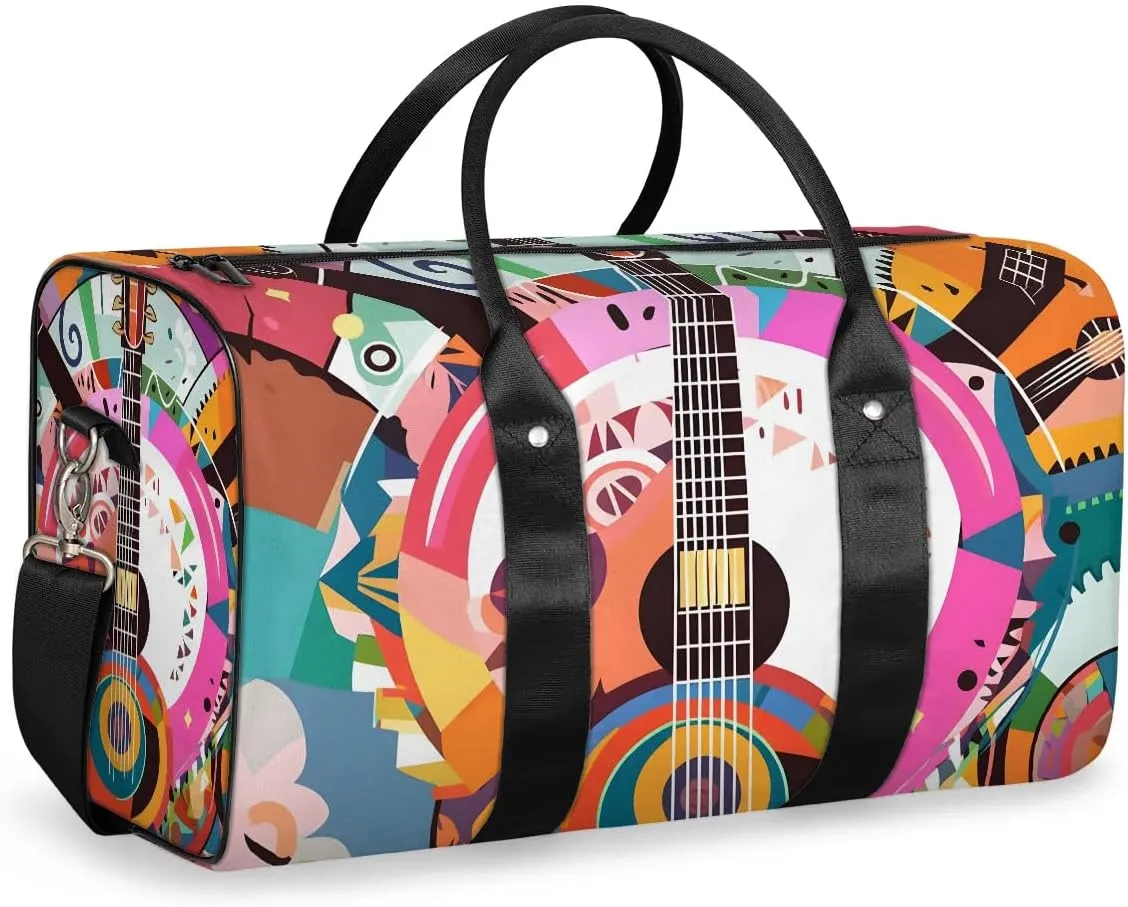 Vintage Guitar Print Travel Duffel Bag for Women Men Waterproof Foldable Overnight Weekender Bag Large Capacity Sports Gym Bag