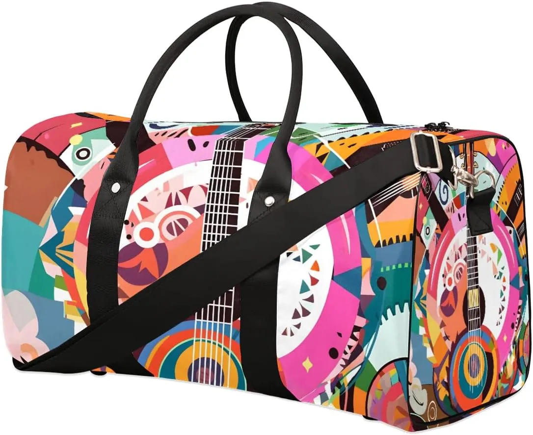 Vintage Guitar Print Travel Duffel Bag for Women Men Waterproof Foldable Overnight Weekender Bag Large Capacity Sports Gym Bag