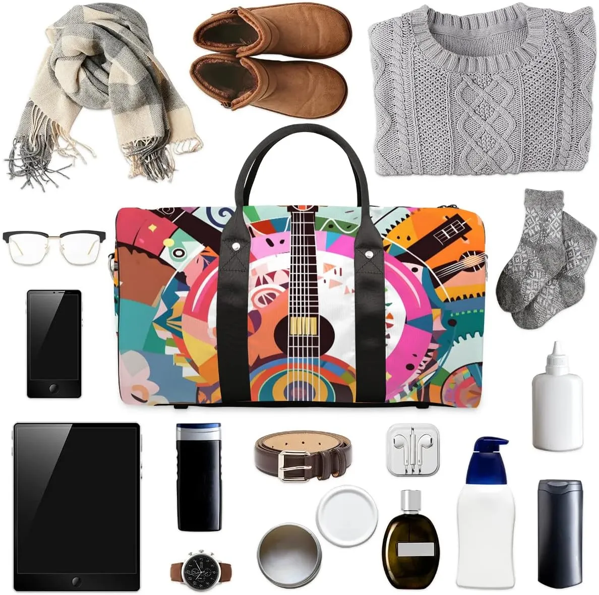 Vintage Guitar Print Travel Duffel Bag for Women Men Waterproof Foldable Overnight Weekender Bag Large Capacity Sports Gym Bag