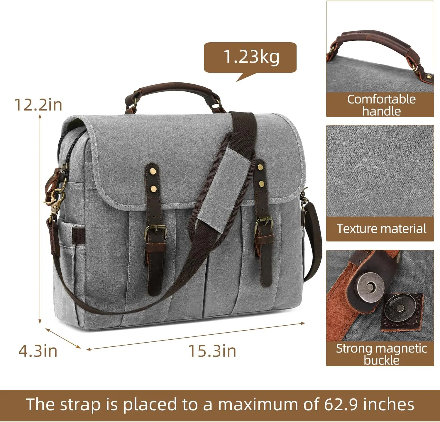 Vintage Mens Messenger Bag 15.6 inches Waterproof Genuine Leather Waxed Canvas Satchel Shoulder Bag Briefcase Laptop Bag with Charging,Headset Port,Gray