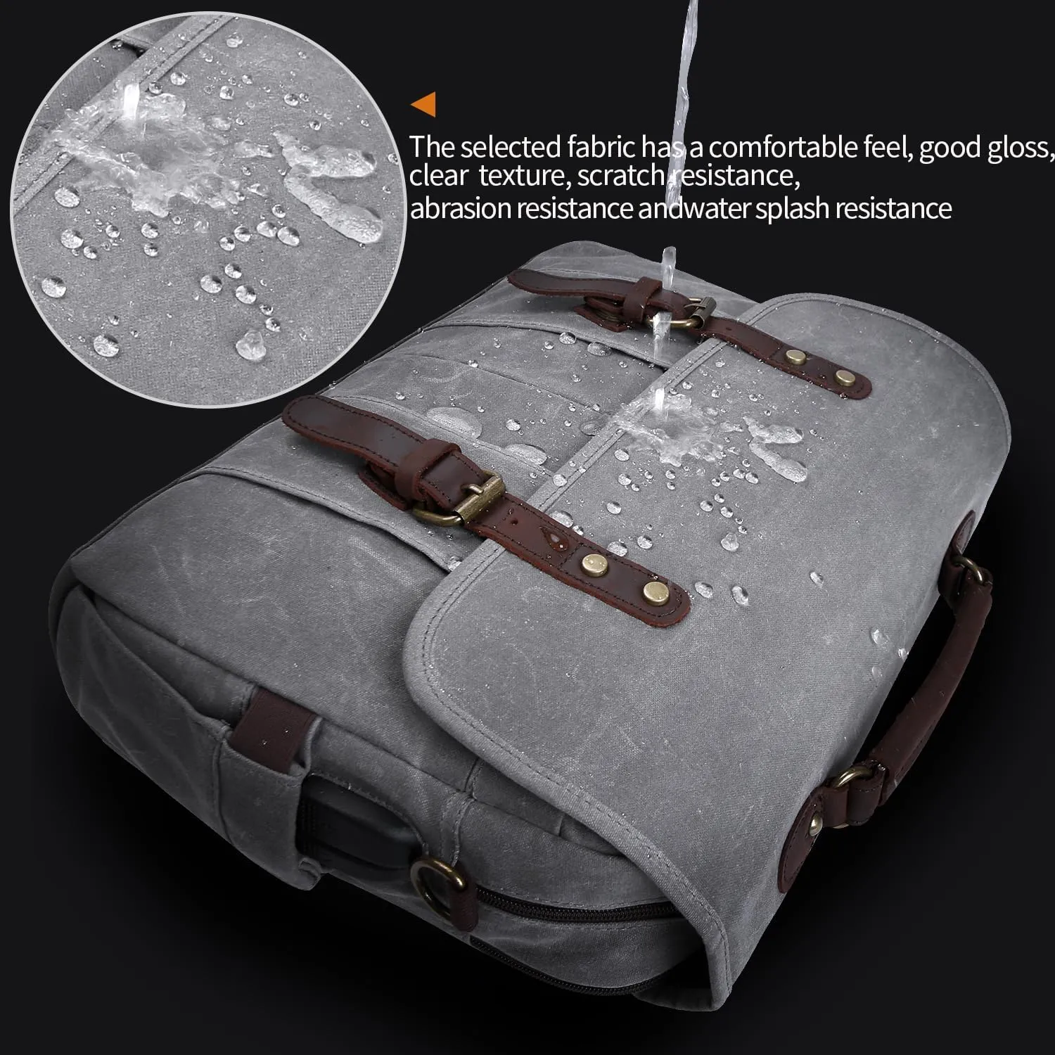 Vintage Mens Messenger Bag 15.6 inches Waterproof Genuine Leather Waxed Canvas Satchel Shoulder Bag Briefcase Laptop Bag with Charging,Headset Port,Gray