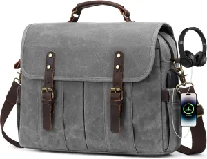 Vintage Mens Messenger Bag 15.6 inches Waterproof Genuine Leather Waxed Canvas Satchel Shoulder Bag Briefcase Laptop Bag with Charging,Headset Port,Gray