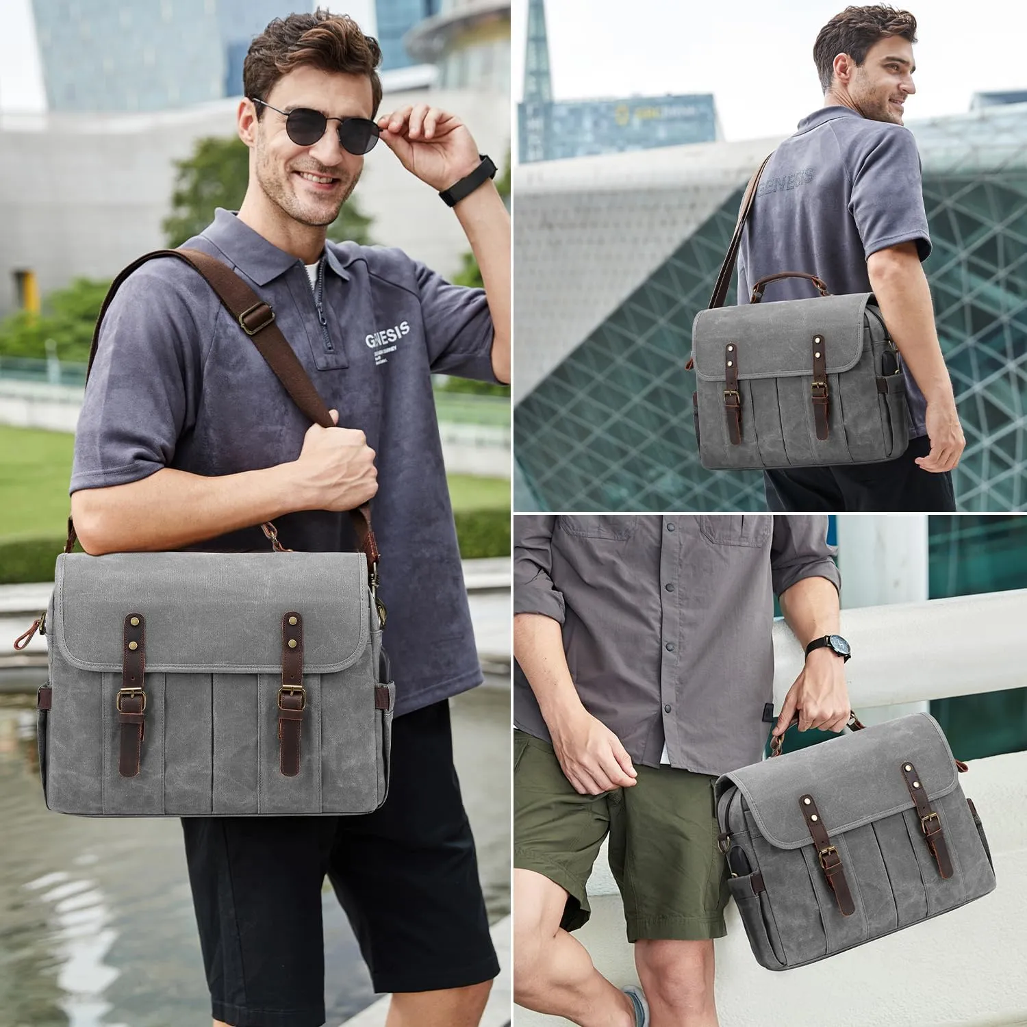 Vintage Mens Messenger Bag 15.6 inches Waterproof Genuine Leather Waxed Canvas Satchel Shoulder Bag Briefcase Laptop Bag with Charging,Headset Port,Gray
