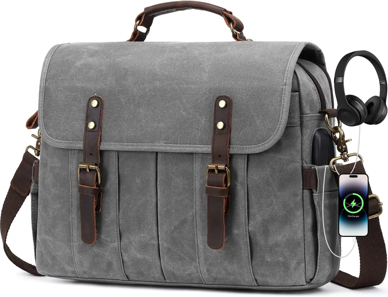 Vintage Mens Messenger Bag 15.6 inches Waterproof Genuine Leather Waxed Canvas Satchel Shoulder Bag Briefcase Laptop Bag with Charging,Headset Port,Gray
