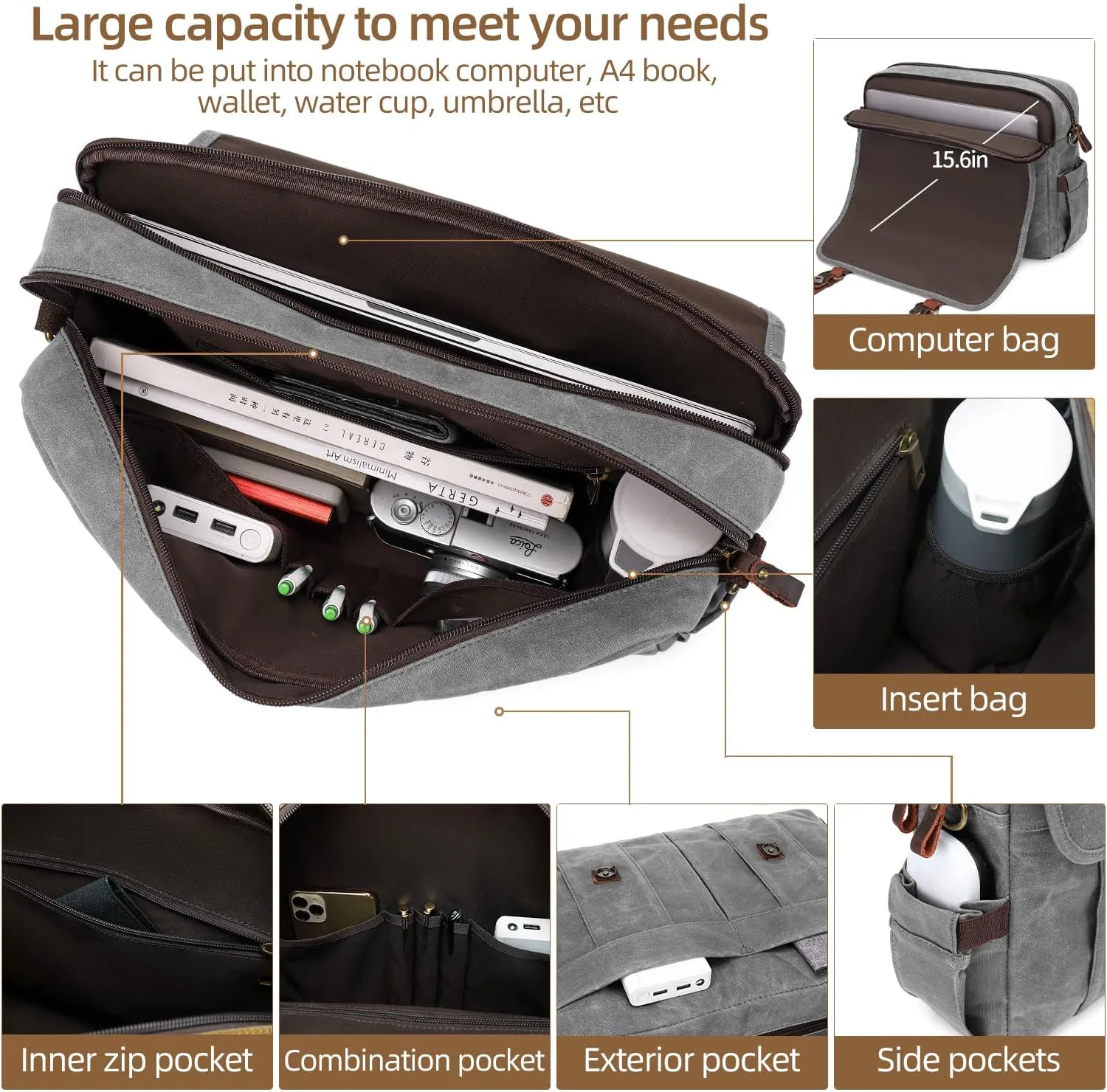Vintage Mens Messenger Bag 15.6 inches Waterproof Genuine Leather Waxed Canvas Satchel Shoulder Bag Briefcase Laptop Bag with Charging,Headset Port,Gray