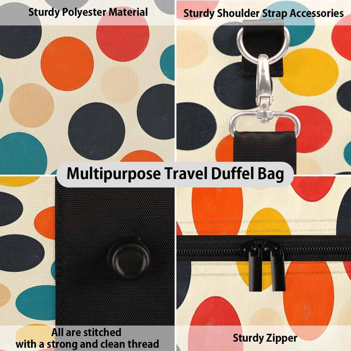 Vintage Polka Dots Travel Duffle Bag for Women Men Gym Duffel Foldable Bag Waterproof Weekender Polka Dot Duffle Tote