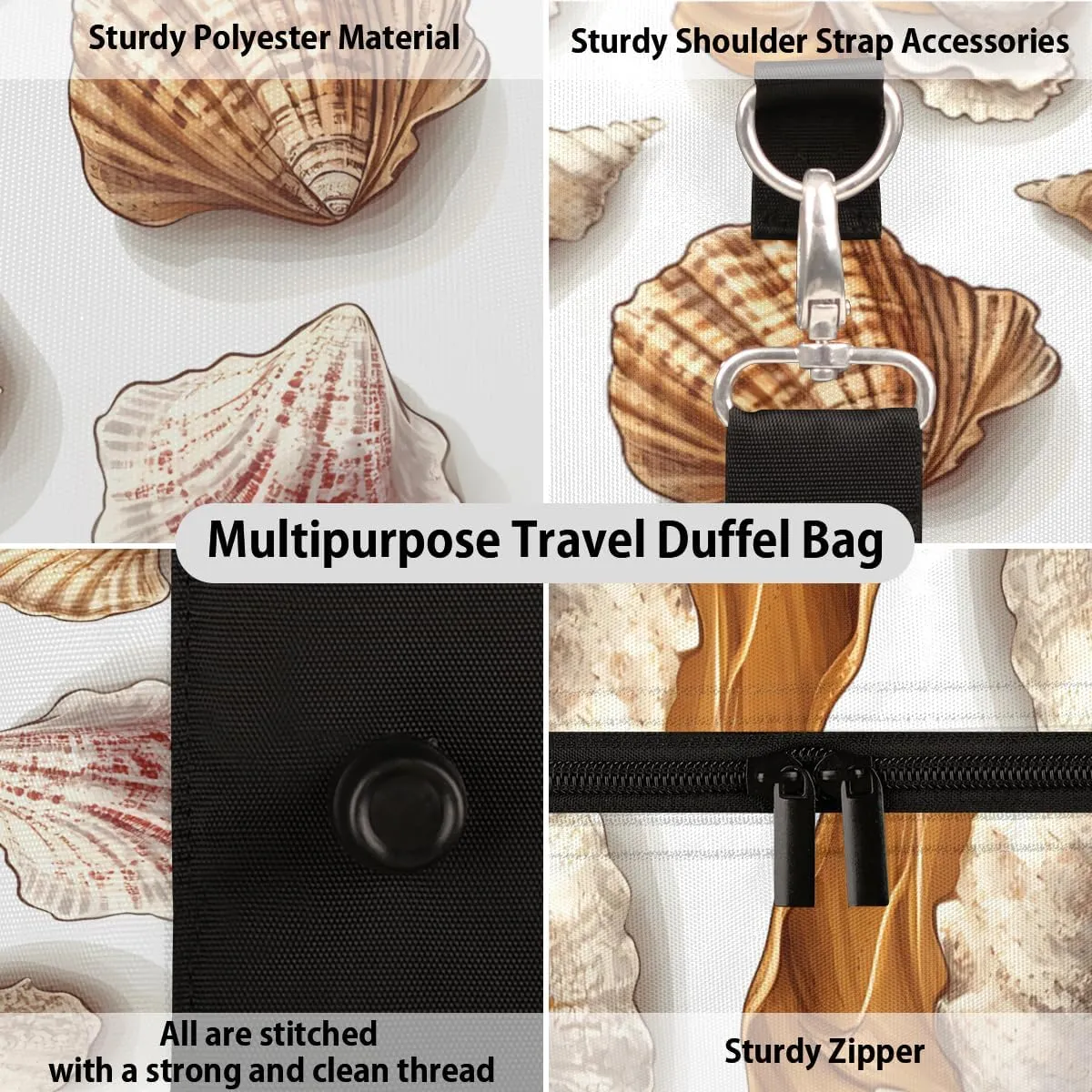 Vintage Shells Travel Duffle Bag for Women Men Gym Duffel Foldable Bag Waterproof Weekender Costal Themed Duffle Tote