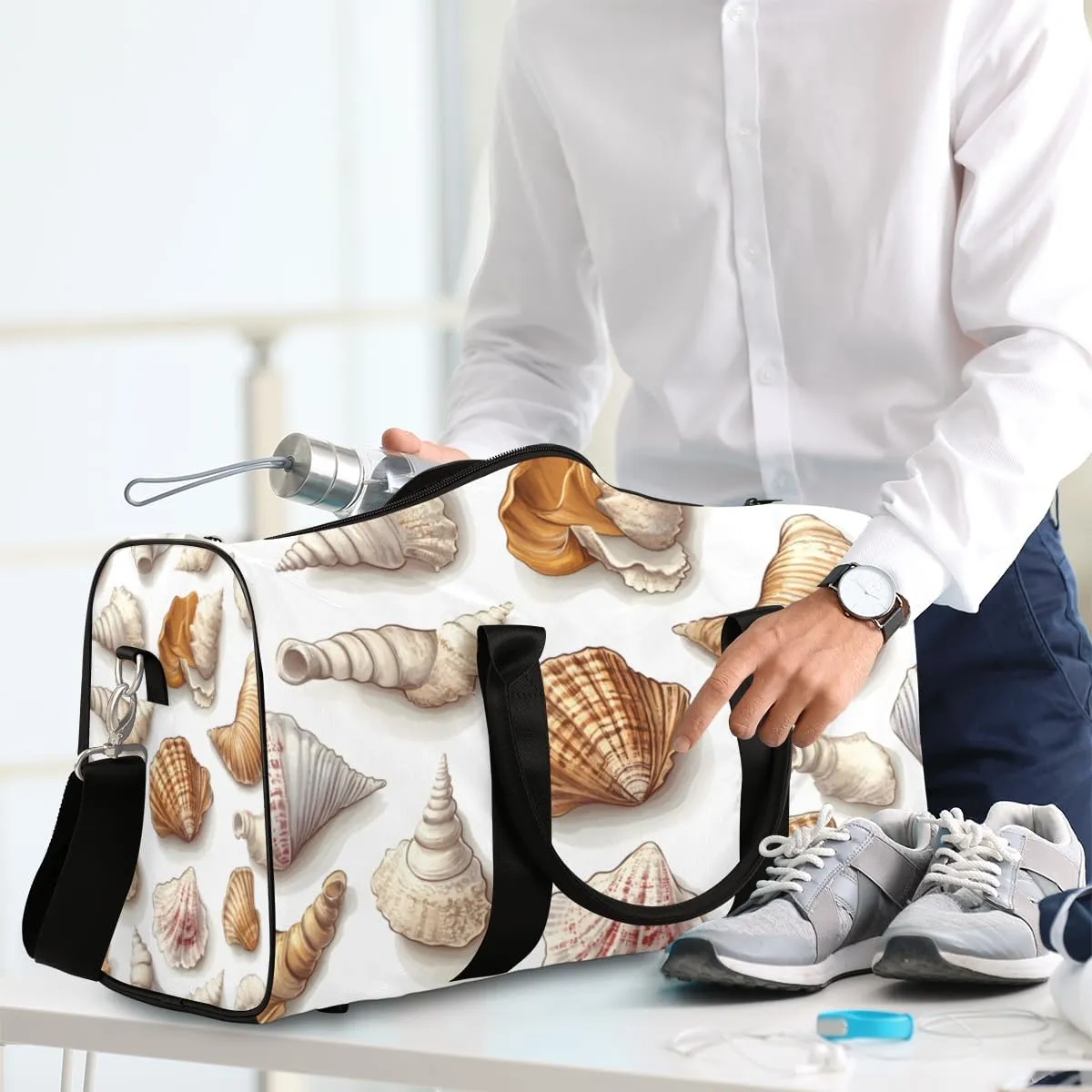 Vintage Shells Travel Duffle Bag for Women Men Gym Duffel Foldable Bag Waterproof Weekender Costal Themed Duffle Tote