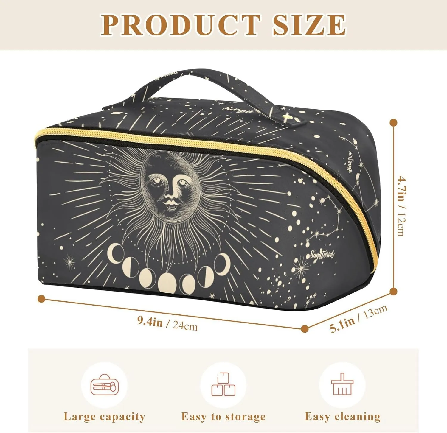 Vintage Zodiac Gothic Travel Makeup Bag Portable Cosmetic Pouch Large Capacity Make up Bag Toiletry Bag with Divider and Handle for Women
