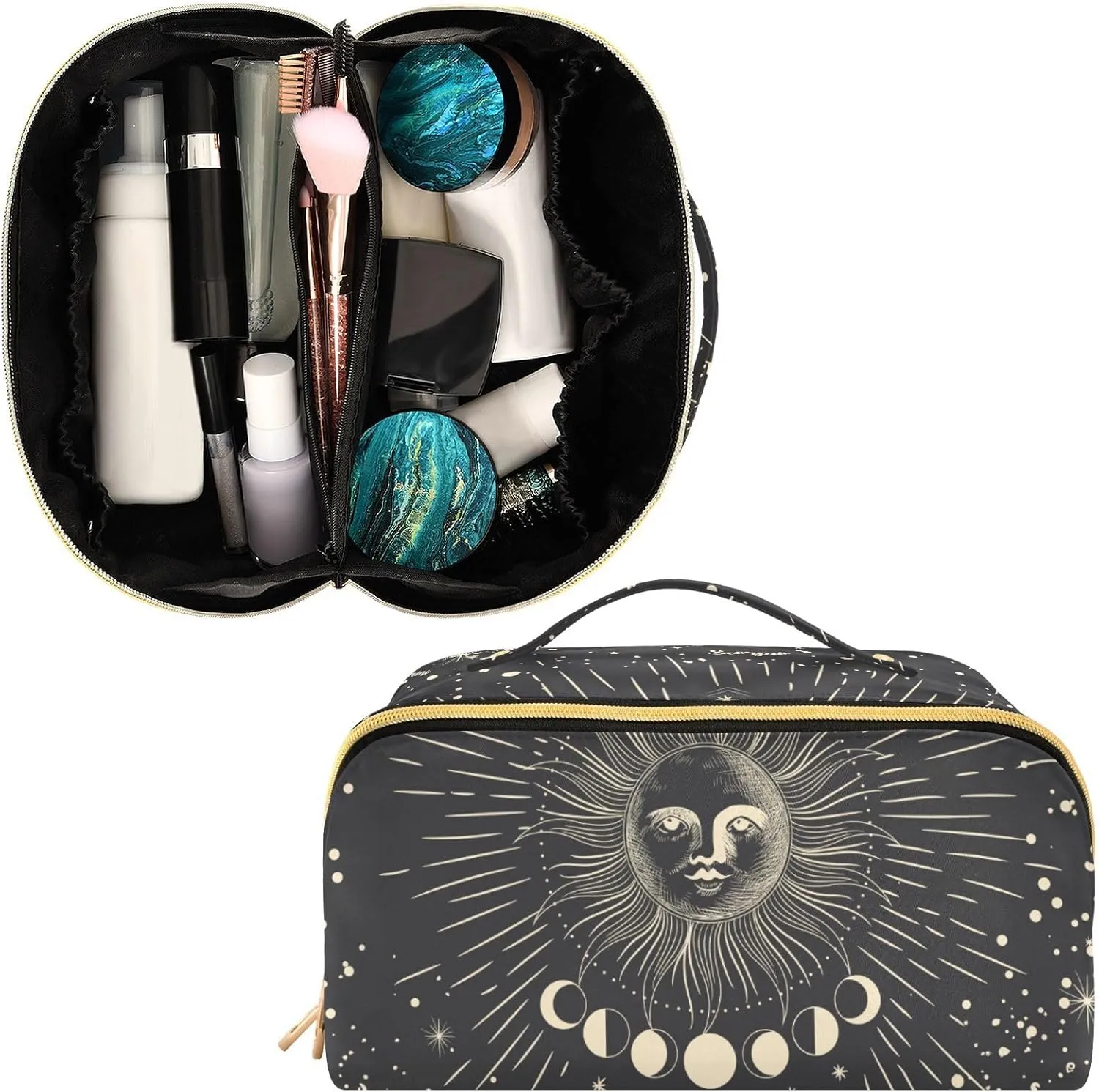 Vintage Zodiac Gothic Travel Makeup Bag Portable Cosmetic Pouch Large Capacity Make up Bag Toiletry Bag with Divider and Handle for Women