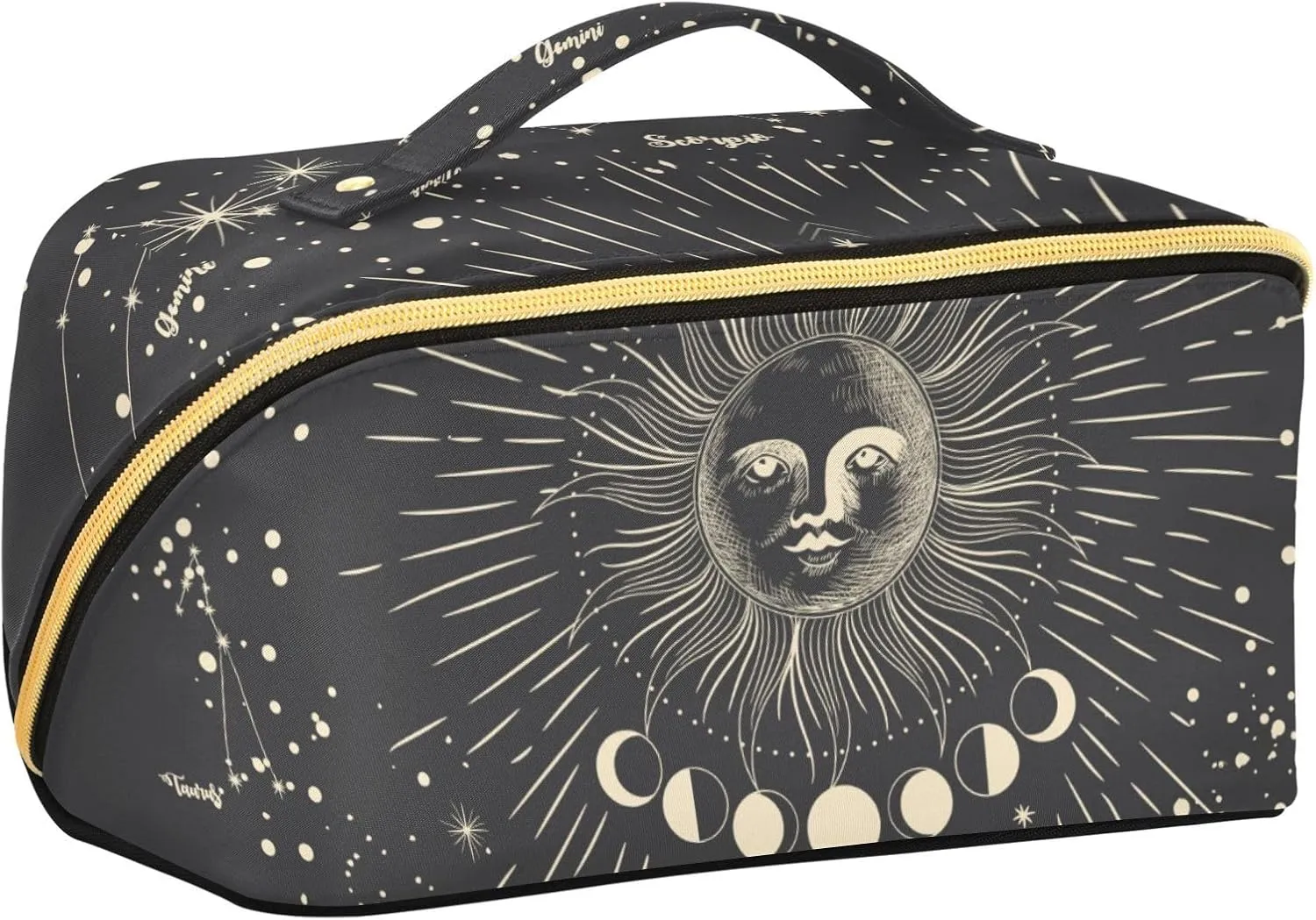 Vintage Zodiac Gothic Travel Makeup Bag Portable Cosmetic Pouch Large Capacity Make up Bag Toiletry Bag with Divider and Handle for Women