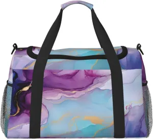 Violet Cyan Blue Liquid Marble Duffle Bag Travel Duffel Bags for Men Women Waterproof Gym Overnight Weekender Bag Carry on Tote Bag