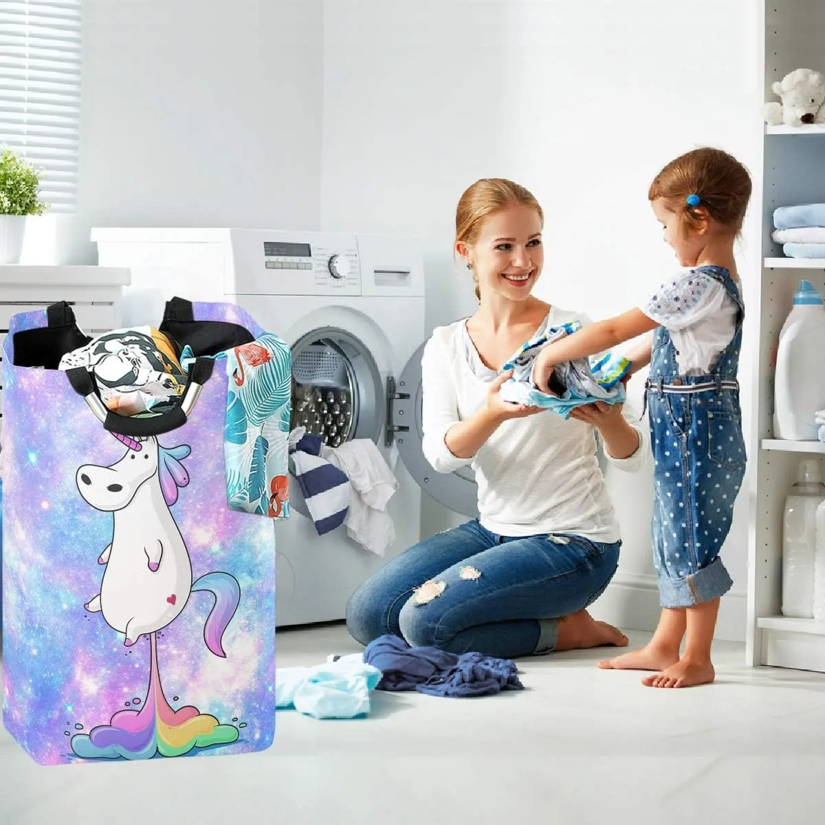 visesunny Funny Fat Unicorn Farting Rainbow Cartoon Magical Galaxy Star Large Laundry Hamper with Handle Foldable Durable Clothes Hamper Laundry Bag Toy Bin for Bathroom, Bedroom, Dorm, Travel