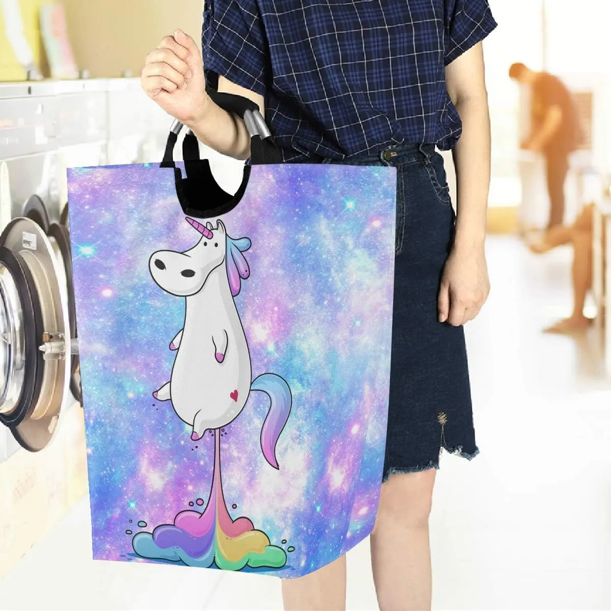 visesunny Funny Fat Unicorn Farting Rainbow Cartoon Magical Galaxy Star Large Laundry Hamper with Handle Foldable Durable Clothes Hamper Laundry Bag Toy Bin for Bathroom, Bedroom, Dorm, Travel