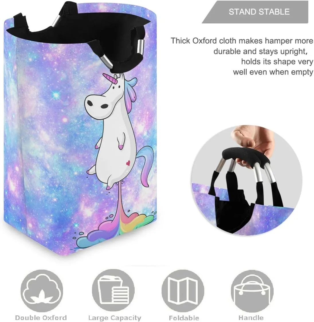 visesunny Funny Fat Unicorn Farting Rainbow Cartoon Magical Galaxy Star Large Laundry Hamper with Handle Foldable Durable Clothes Hamper Laundry Bag Toy Bin for Bathroom, Bedroom, Dorm, Travel