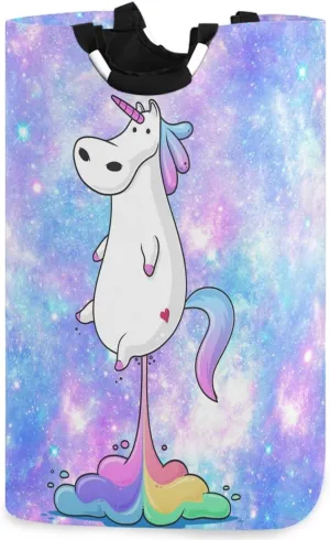 visesunny Funny Fat Unicorn Farting Rainbow Cartoon Magical Galaxy Star Large Laundry Hamper with Handle Foldable Durable Clothes Hamper Laundry Bag Toy Bin for Bathroom, Bedroom, Dorm, Travel