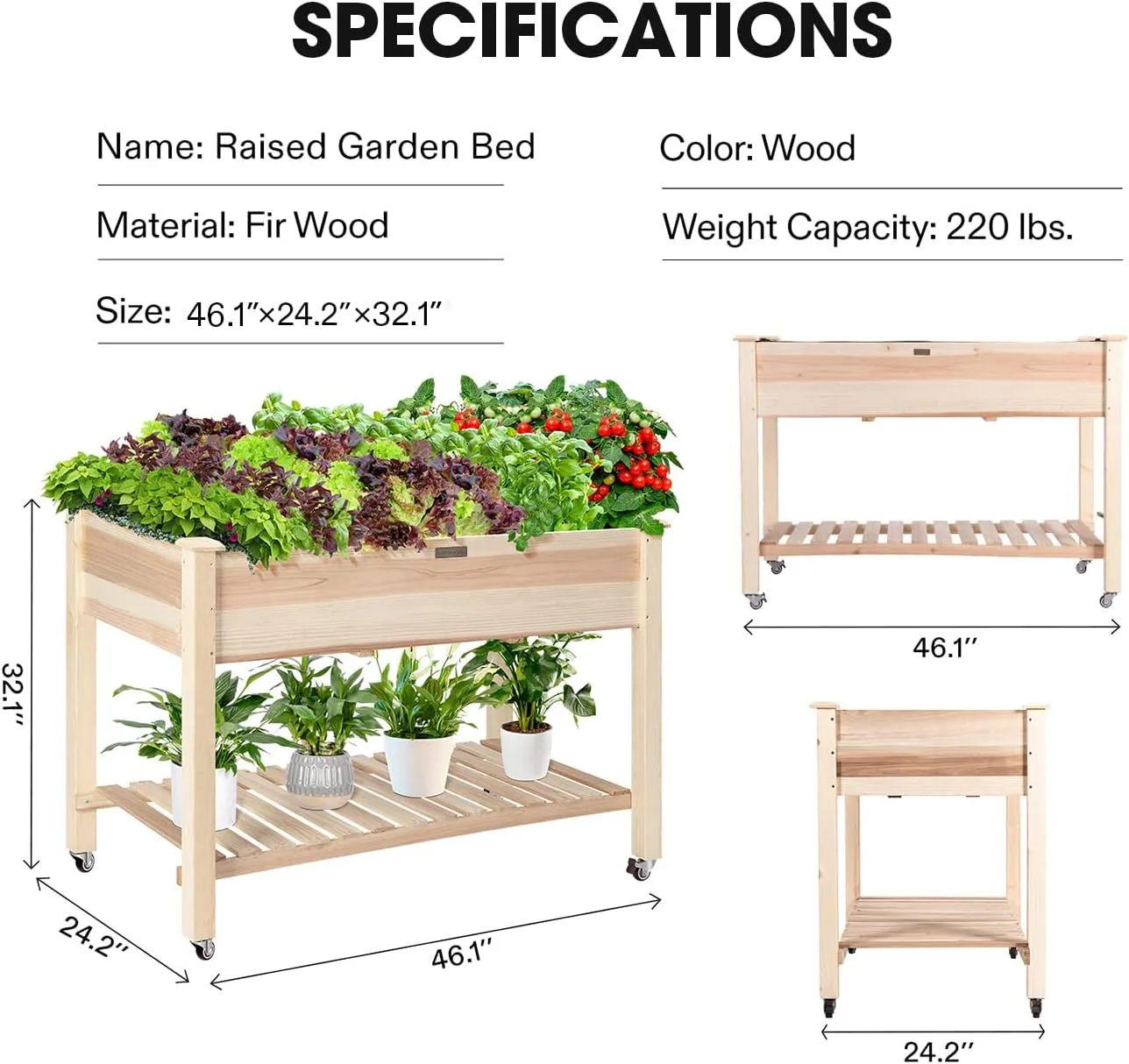 VIVOSUN Elevated Wooden Raised Garden Bed, 46 x 24 x 32 Inches, Mobile Outdoor Planter Box with Storage Shelf and Protective Liner for Outdoor Use, with Lockable Wheels
