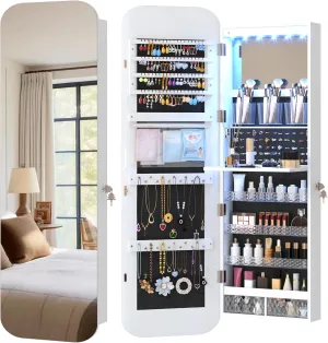 Vlsrka 47.2" LED Jewelry Cabinet - Wall Mounted or Door Hanging, Rounded Corner Armoire Organizer, Lockable Full Length Mirror with Storage, Interior Mirror & Makeup Shelf (White)