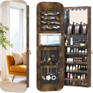 Vlsrka 47.2" LED Jewelry Cabinet Wall Mounted or Door Hanging, Rounded Corner Jewelry Armoire Organizer, Lockable Full Length Mirror with Storage, Interior Mirror & Makeup Shelf (Rustic Brown)