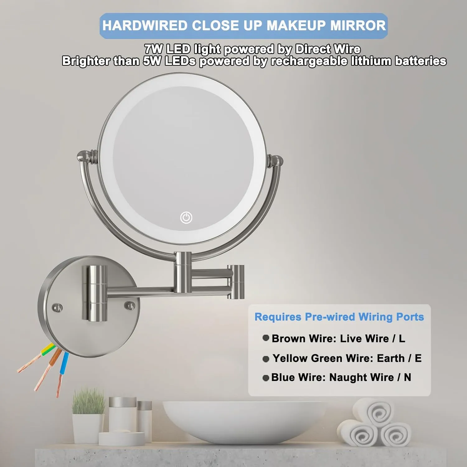 Wall Mounted Lighted Makeup Vanity Mirror with Magnification, 8 Inch Double Sides 10X Magnifying Bathroom Mirror 3 Color Lighting Touch Dimming, Extended Arm Shaving Mirror Hard Wired, Brushed Nickel
