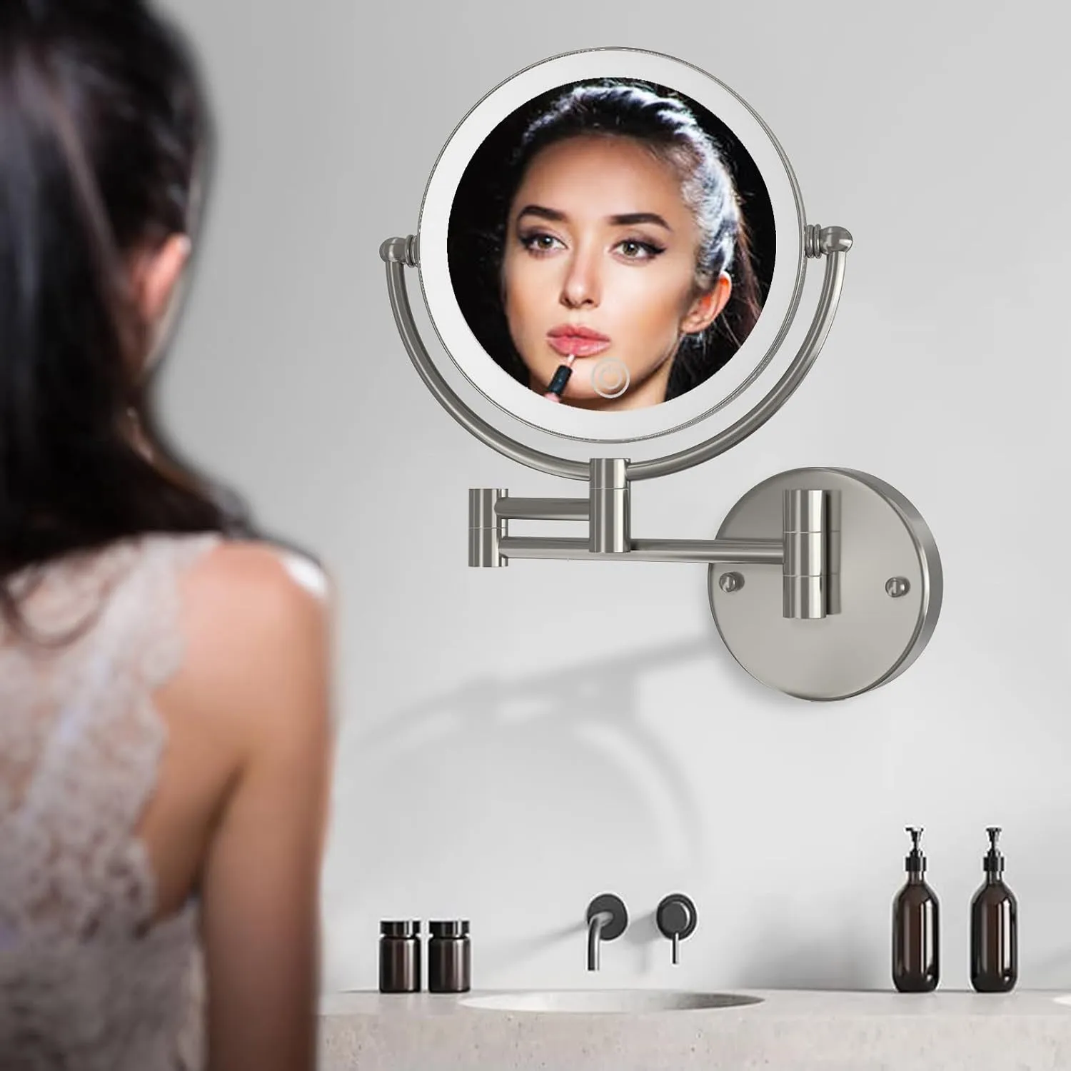 Wall Mounted Lighted Makeup Vanity Mirror with Magnification, 8 Inch Double Sides 10X Magnifying Bathroom Mirror 3 Color Lighting Touch Dimming, Extended Arm Shaving Mirror Hard Wired, Brushed Nickel