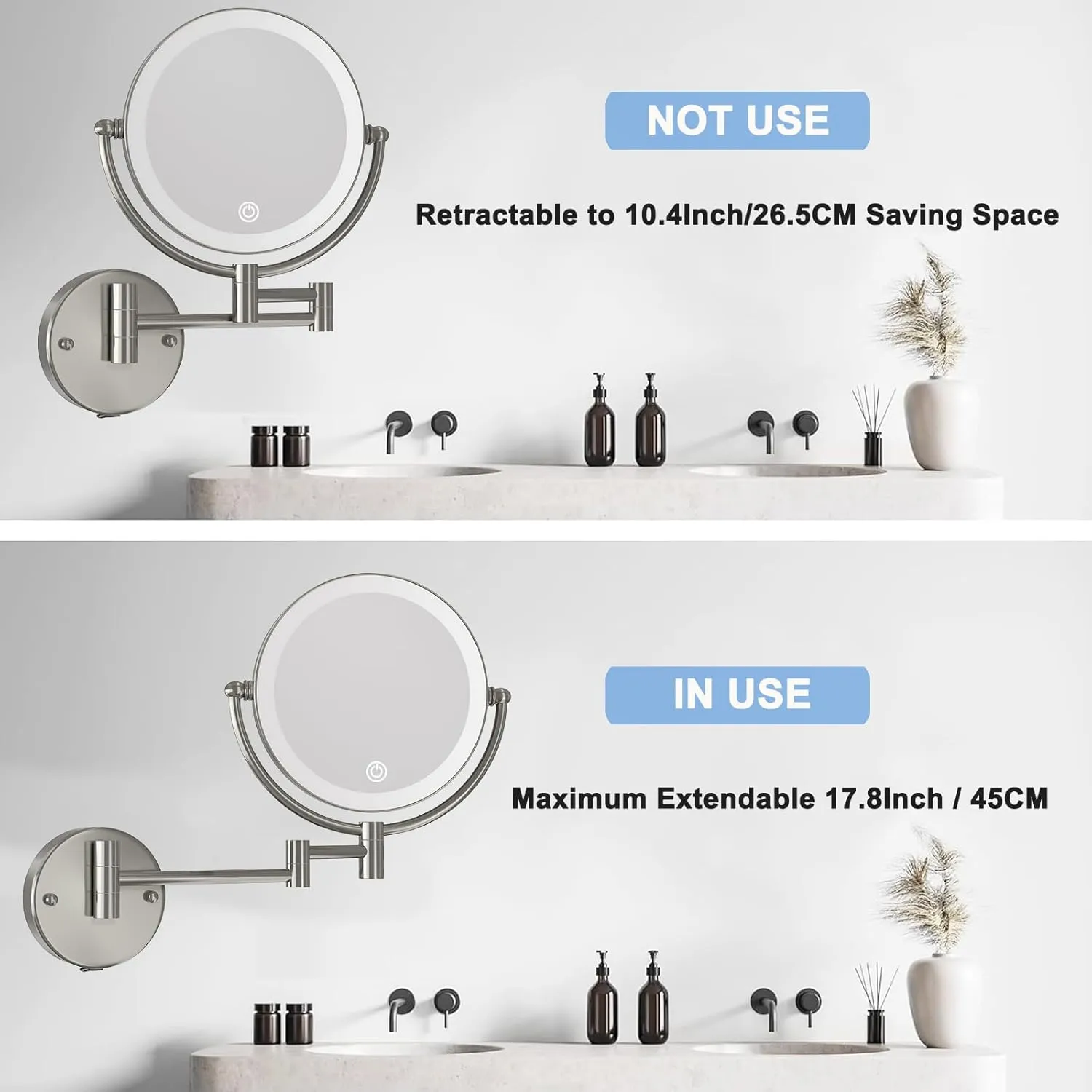 Wall Mounted Lighted Makeup Vanity Mirror with Magnification, 8 Inch Double Sides 10X Magnifying Bathroom Mirror 3 Color Lighting Touch Dimming, Extended Arm Shaving Mirror Hard Wired, Brushed Nickel