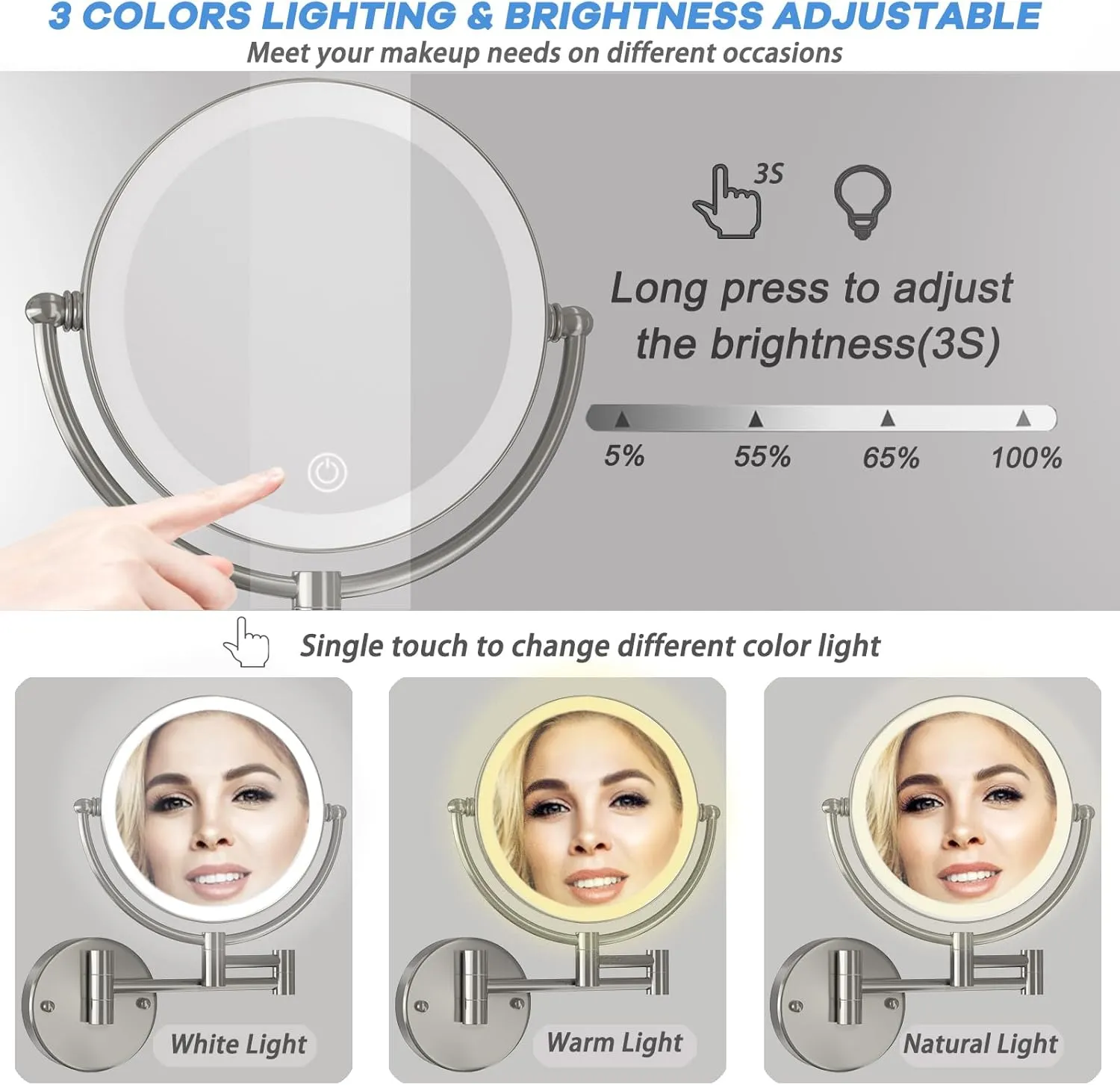 Wall Mounted Lighted Makeup Vanity Mirror with Magnification, 8 Inch Double Sides 10X Magnifying Bathroom Mirror 3 Color Lighting Touch Dimming, Extended Arm Shaving Mirror Hard Wired, Brushed Nickel