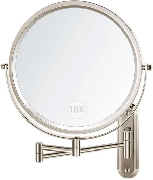 Wall Mounted Makeup Mirror, 15X/1X Double Sided Magnifying Mirror, 8.5 Inch Round, Brushed Nickel, Modern Style, Space Theme, 13"L x 11"W