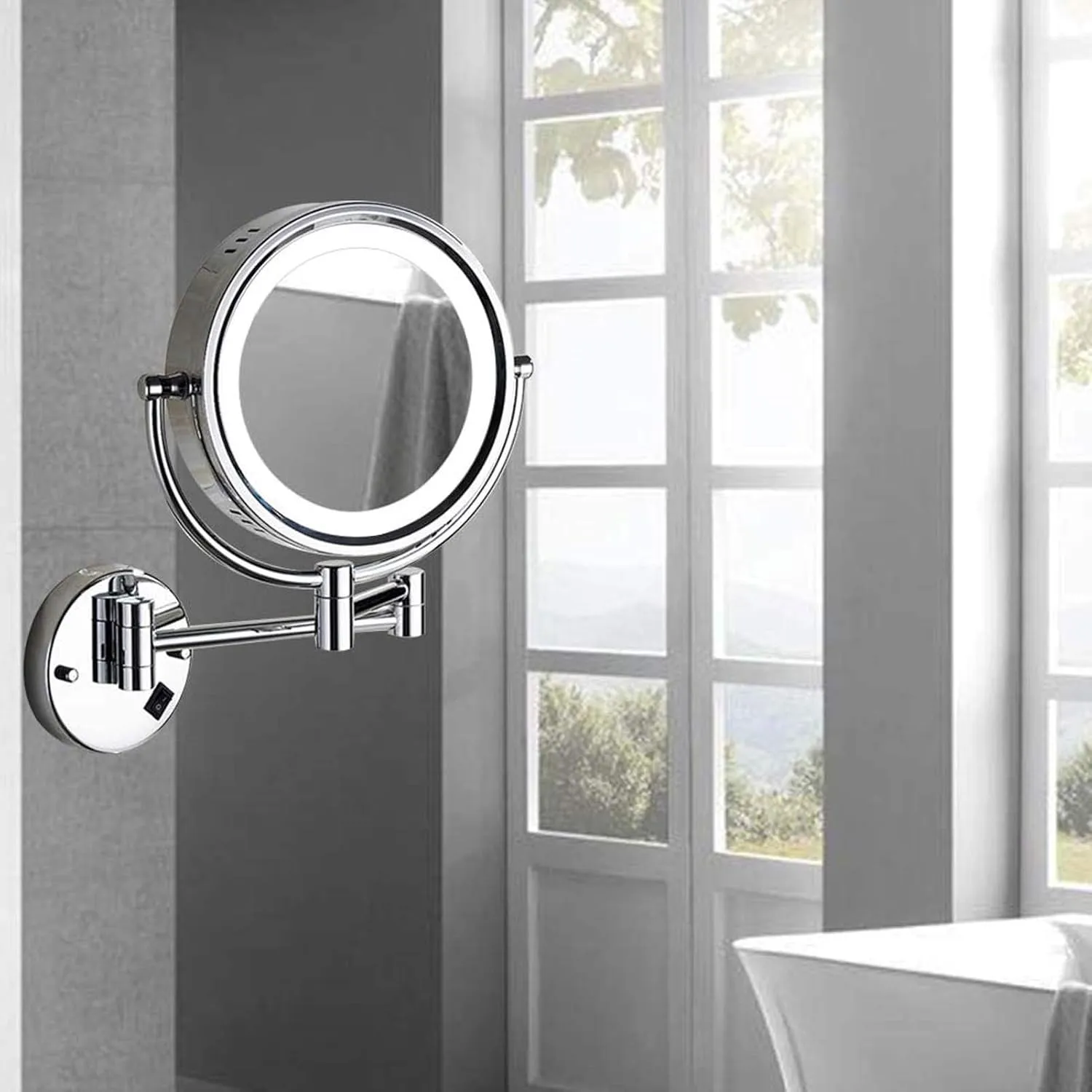 Wall Mounted Makeup Mirror Lighted, 8 Inch Double Sided Cosmetic Mirror, 360° Swivel Extendable Cosmetic Vanity Mirror, Shaving Mirror with 3X/5X/7X/10X Magnifying, Round,Golden-7X
