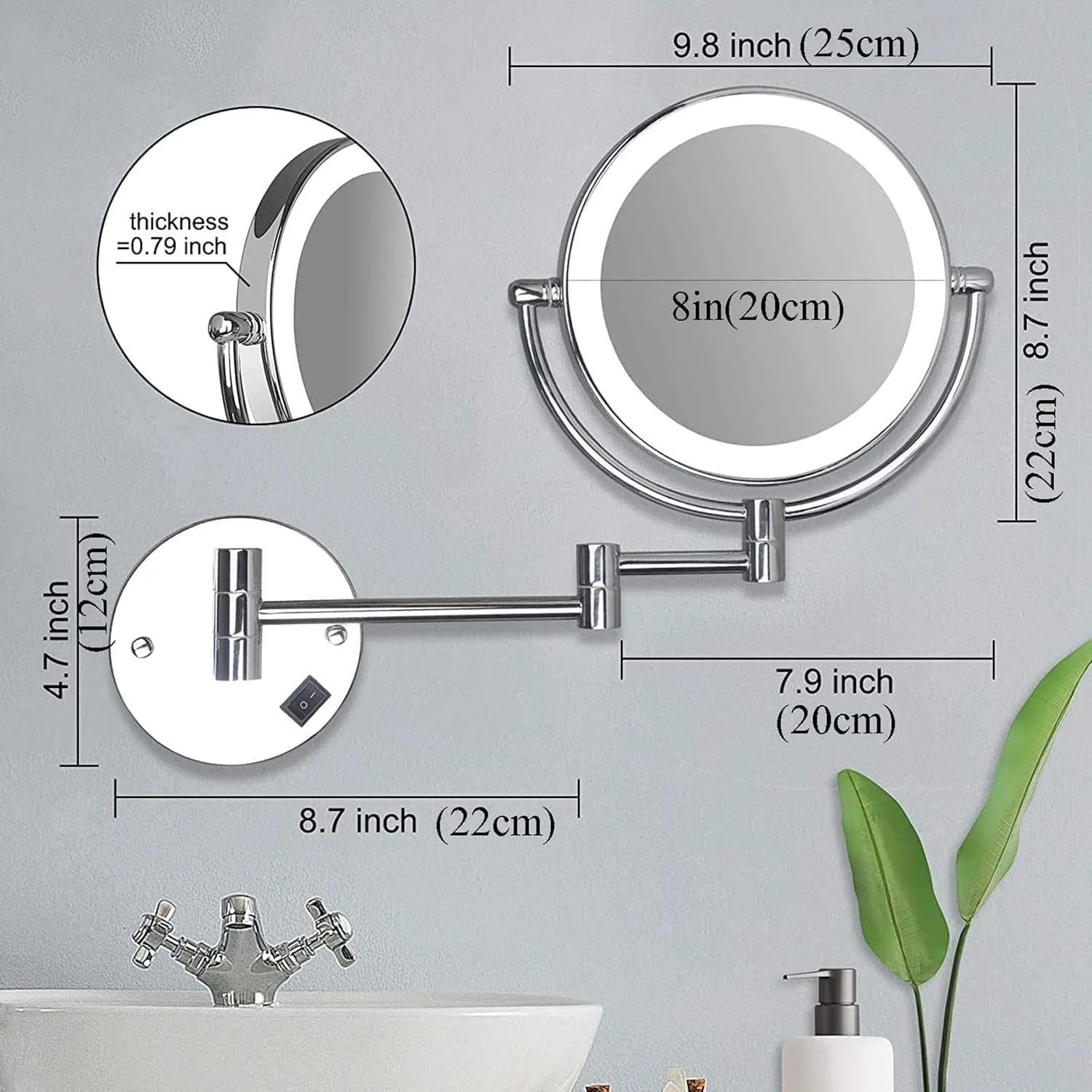 Wall Mounted Makeup Mirror Lighted, 8 Inch Double Sided Cosmetic Mirror, 360° Swivel Extendable Cosmetic Vanity Mirror, Shaving Mirror with 3X/5X/7X/10X Magnifying, Round,Golden-7X
