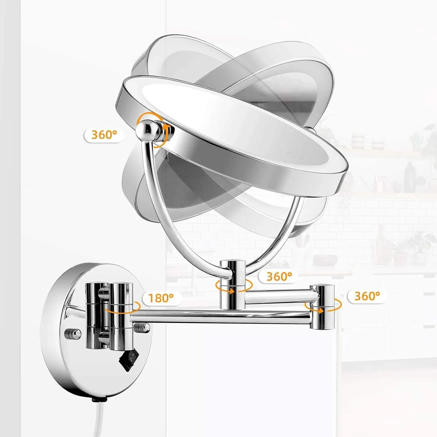Wall Mounted Makeup Mirror Lighted, 8 Inch Double Sided Cosmetic Mirror, 360° Swivel Extendable Cosmetic Vanity Mirror, Shaving Mirror with 3X/5X/7X/10X Magnifying, Round,Golden-7X