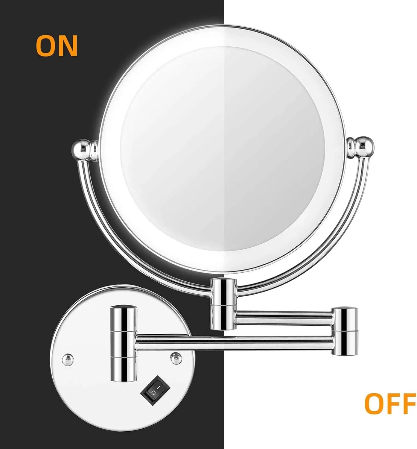 Wall Mounted Makeup Mirror Lighted, 8 Inch Double Sided Cosmetic Mirror, 360° Swivel Extendable Cosmetic Vanity Mirror, Shaving Mirror with 3X/5X/7X/10X Magnifying, Round,Golden-7X
