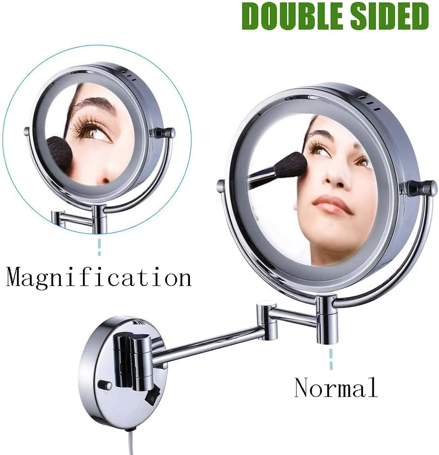 Wall Mounted Makeup Mirror Lighted, 8 Inch Double Sided Cosmetic Mirror, 360° Swivel Extendable Cosmetic Vanity Mirror, Shaving Mirror with 3X/5X/7X/10X Magnifying, Round,Golden-7X